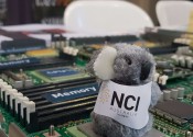 A koala soft toy wearing an NCI jacket sits on top of an open computer server for display.