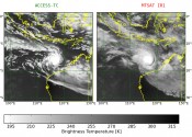 Two panels showing a cyclone over the north-west coast of Australia modelled in high-resolution on the left by the ACCESS model and in lower resolution on the right by MTSAT.