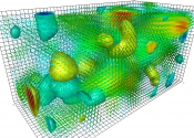 A three dimensional grid showing green, blue and red gradiated blobs representing fundamental particles.