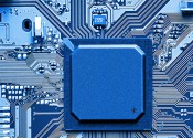 A blue image centred on a motherboard with a big computer chip.