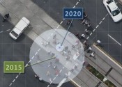 A large circle overlaid on a road shows the relatively low precision on 2015 GPS while a much smaller circle shows the precision of 2020 GPS.