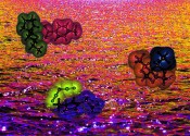 Artist's impression showing coloured molecules overlaid together on a purple and yellow ocean.