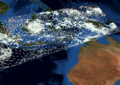 A still from a scientific visualisation showing cloud, wind and rain patterns for the Maritime Continent region of South-East Asia.