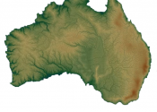 A model of the Australian continent showing topography outlines.