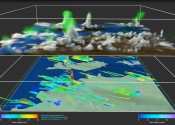 Two stacked view of the Darwin coastline with visualised wind speeds and directions, clouds and rainfall during a tropical storm.