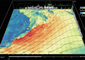 A still from a visualisation showing high wind speeds along the Australian East Coast.