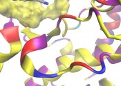Scientific graphic showing multicoloured coils representing interacting proteins and drugs.
