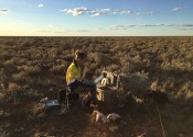 Dr Kate Robertson sits in scrubby bush in a field operating scientific equipment.