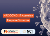 A banner image with the words "HPC COVID-19 Australian Response Showcase" above the Pawsey and NCI logos. There is a stylised version of the coronavirus on the right.