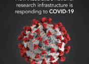 A red and grey stylised image of a coronavirus, with the words “How Australia’s national research infrastructure is responding to COVID-19” above it.