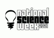 National science week 2021 logo, black and white outlined letters with a lightbulb on the left.