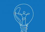Line drawing of a light bulb taking off like a rocket, in white on a blue background.