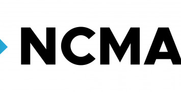 A red and blue arrow fading into small pixels on the left edges and pointing to the right towards the letters NCMAS.